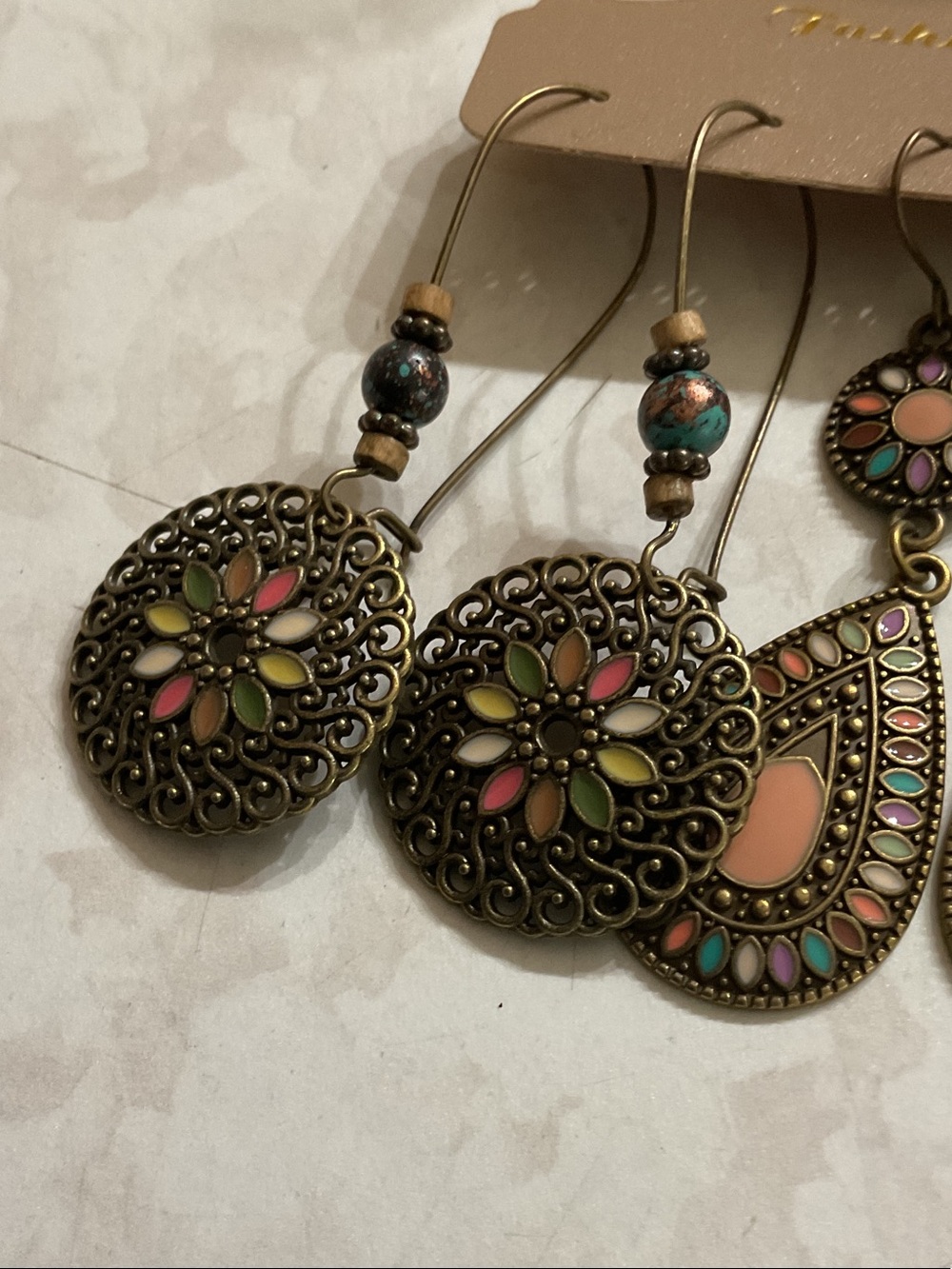 Hand Crafted Peach & Turquoise Boho Filigree Earrings Trio - Picture 4 of 4